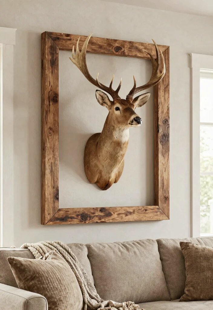12 Deer Mounts in Living Room Farmhouse Ideas That Don't Overwhelm - 10. Natural Frame for Your Deer Mount 1