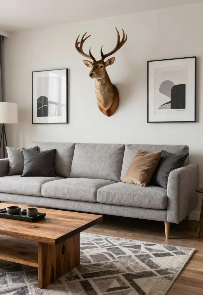 12 Deer Mounts in Living Room Farmhouse Ideas That Don't Overwhelm - 12. Mixing Modern with Rustic 1