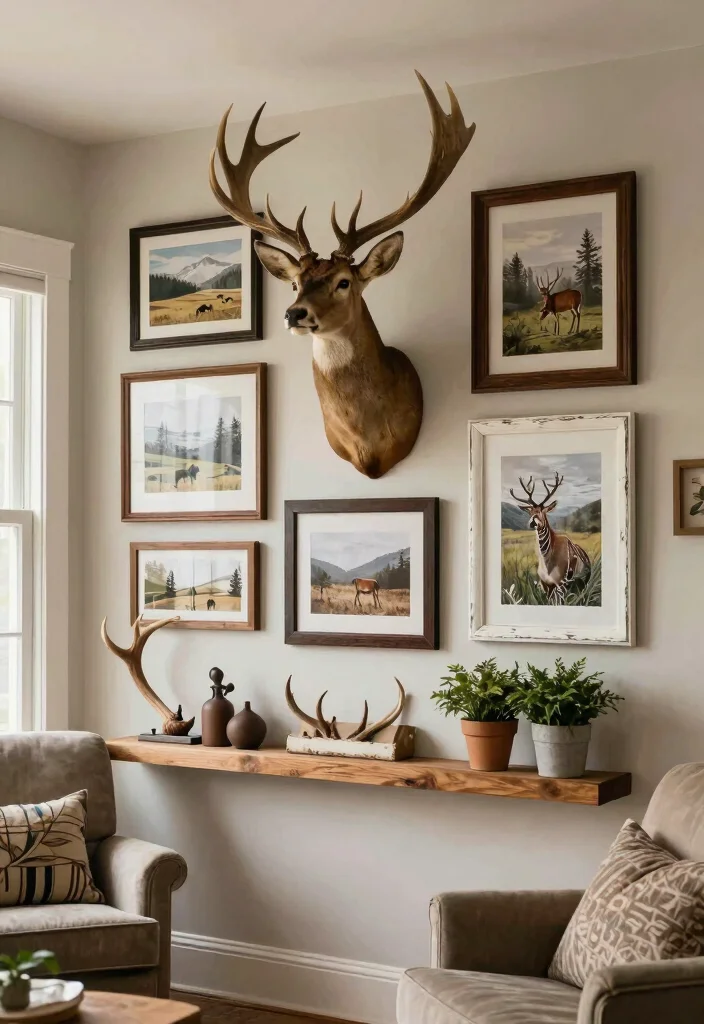 12 Deer Mounts in Living Room Farmhouse Ideas That Don't Overwhelm - 2. Gallery Wall with Deer Art 1