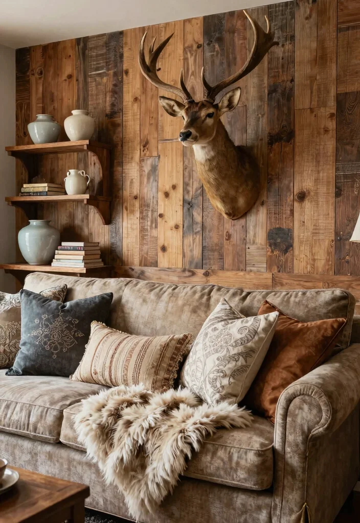 12 Deer Mounts in Living Room Farmhouse Ideas That Don't Overwhelm - 5. Layered Textures 1