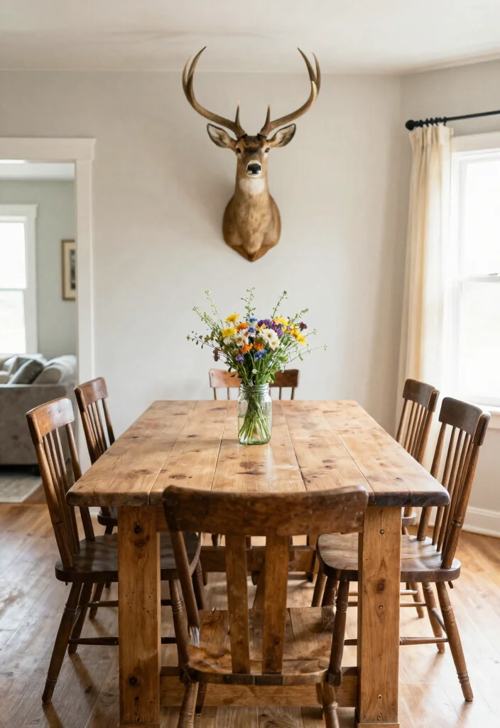 12 Deer Mounts in Living Room Farmhouse Ideas That Don't Overwhelm - 6. Rustic Dining Table Display 1