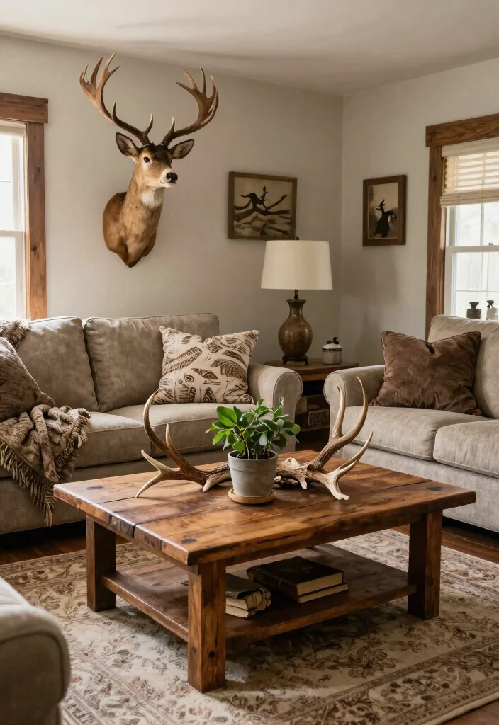 12 Deer Mounts in Living Room Farmhouse Ideas That Don't Overwhelm - 7. Antler Accents 1
