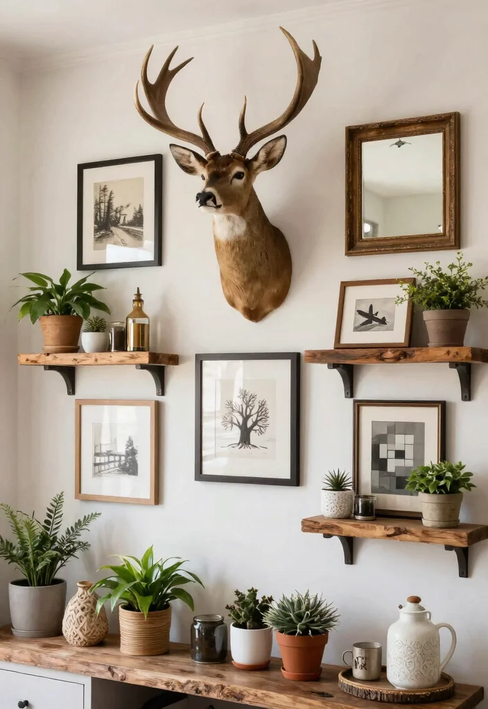 12 Deer Mounts in Living Room Farmhouse Ideas That Don't Overwhelm - 8. Layered Wall Decor 1