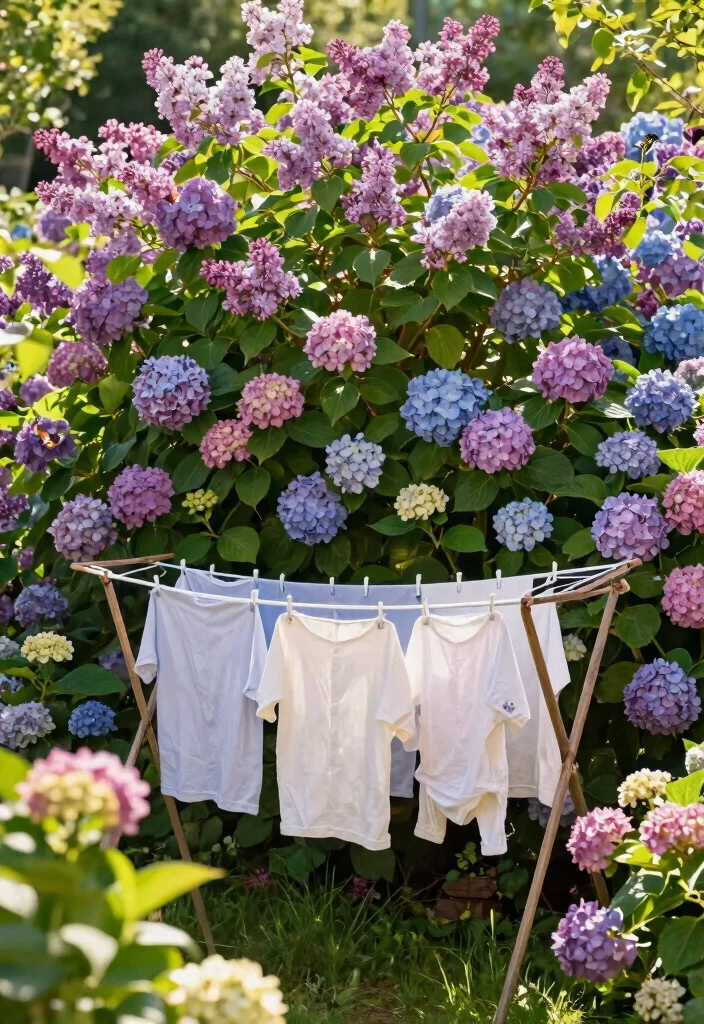 12 Outdoor Laundry Area Ideas That Hide the Mess From Neighbors - 11. Flowering Shrubs for Natural Barriers 1