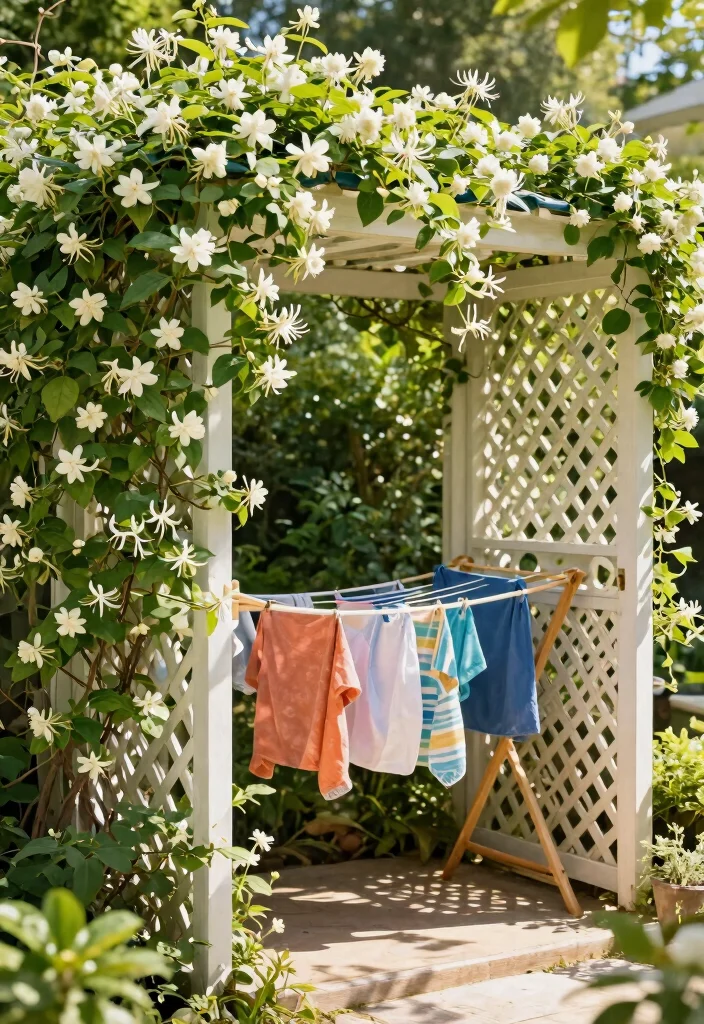 12 Outdoor Laundry Area Ideas That Hide the Mess From Neighbors - 5. Lattice Panels with Climbing Plants 1