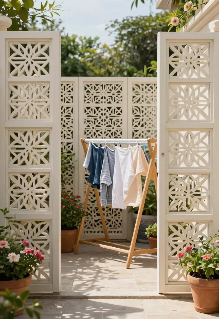 12 Outdoor Laundry Area Ideas That Hide the Mess From Neighbors - 8. Decorative Fence Panels 1