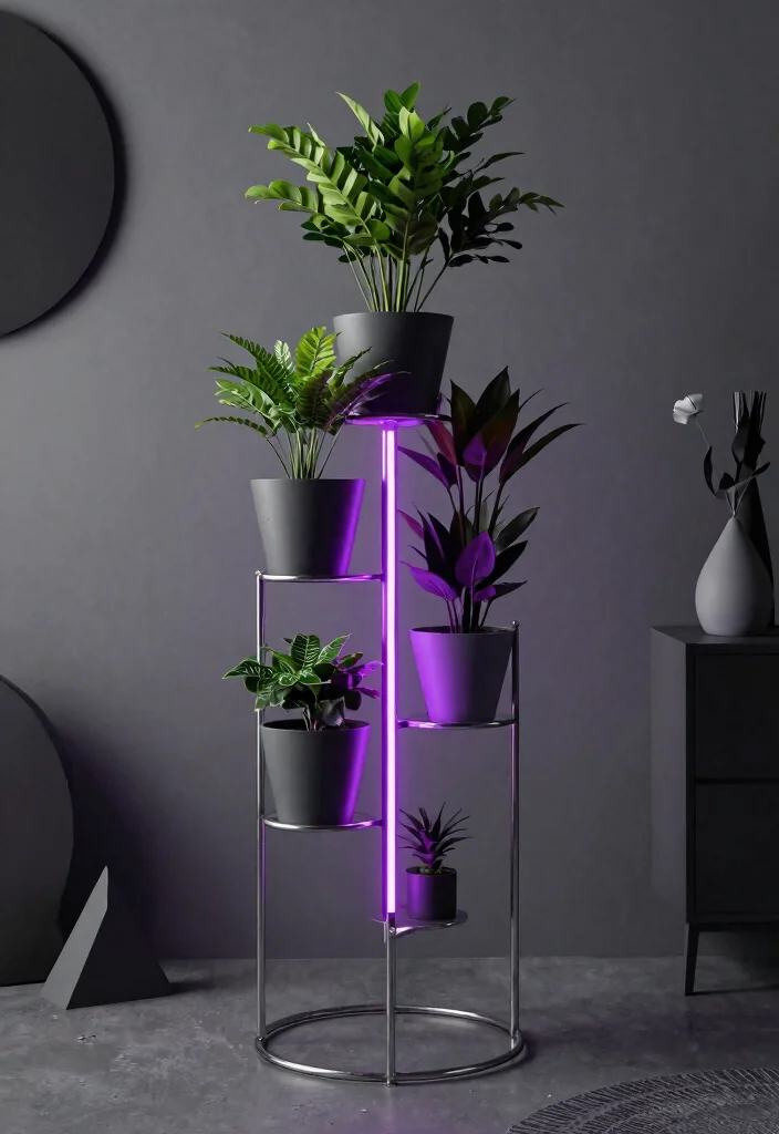 12 Plant Stand With Grow Light Ideas for Windowless Rooms - 10. Sleek Metal Plant Stand with Neon Grow Lights 1