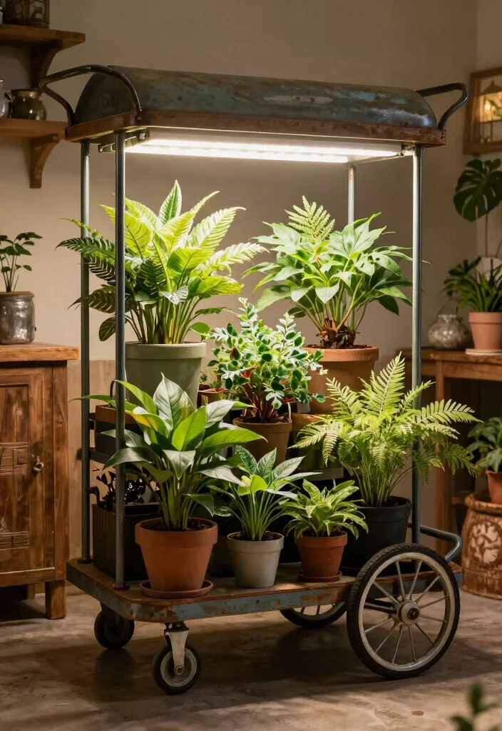 12 Plant Stand With Grow Light Ideas for Windowless Rooms - 11. Vintage Cart Plant Stand with Bright Grow Lights 1