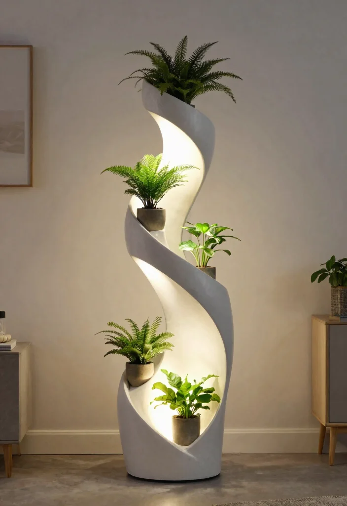 12 Plant Stand With Grow Light Ideas for Windowless Rooms - 12. Artistic Sculptural Plant Stand with Integrated Grow Lights 1