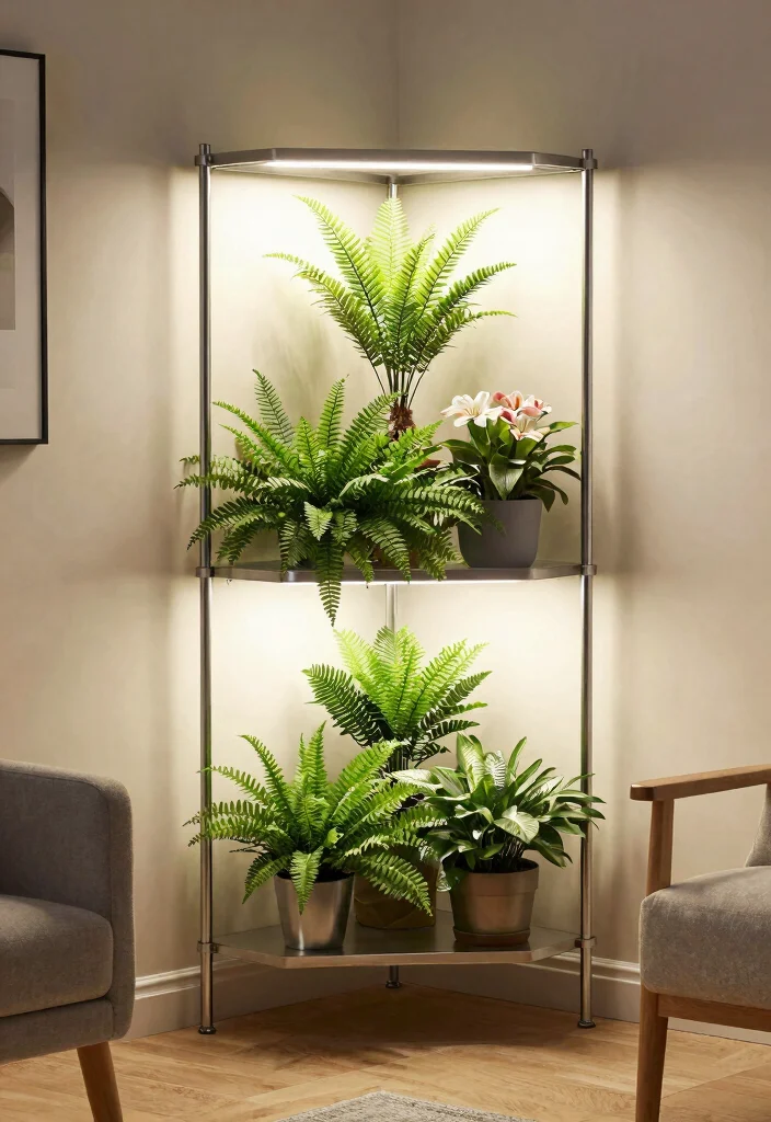 12 Plant Stand With Grow Light Ideas for Windowless Rooms - 3. Space-Saving Corner Plant Stand with Bright Grow Lights 1