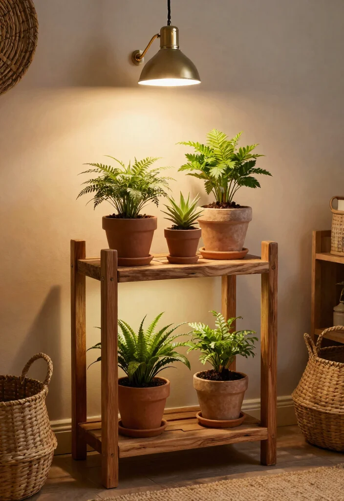 12 Plant Stand With Grow Light Ideas for Windowless Rooms - 5. Rustic Wooden Plant Stand with Vintage Grow Lights 1