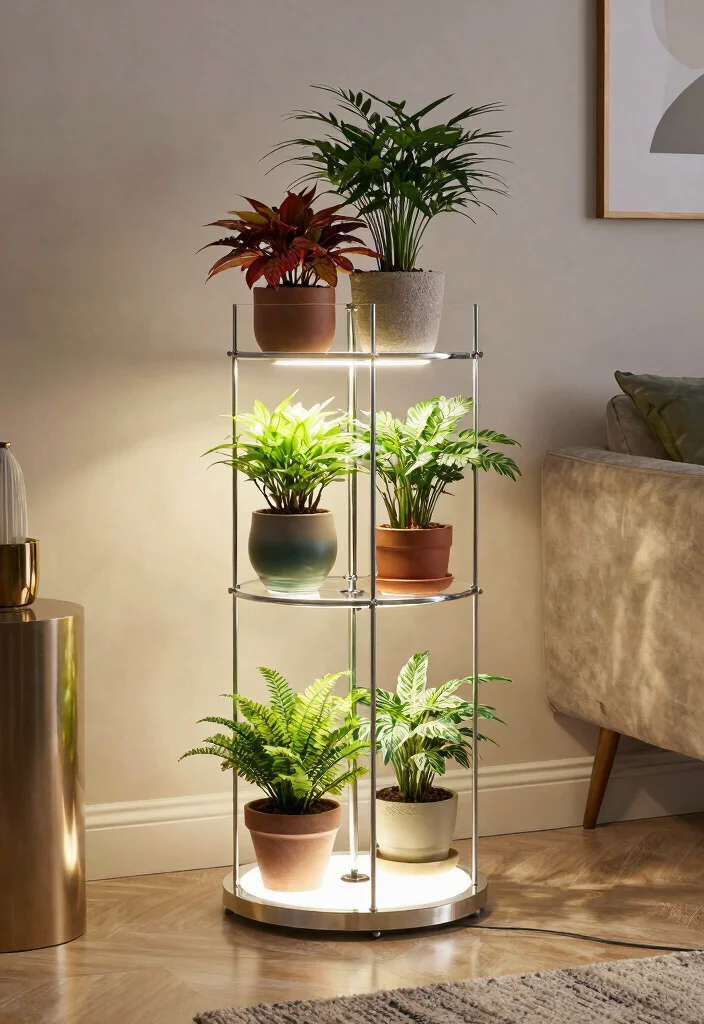 12 Plant Stand With Grow Light Ideas for Windowless Rooms - 7. Elegant Glass Plant Stand with Built-in Grow Lights 1