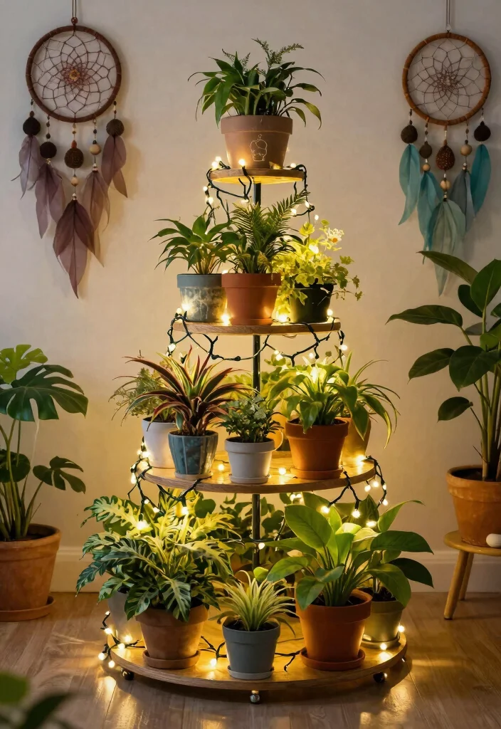 12 Plant Stand With Grow Light Ideas for Windowless Rooms - 9. Whimsical Tiered Plant Stand with Fairy Lights 1