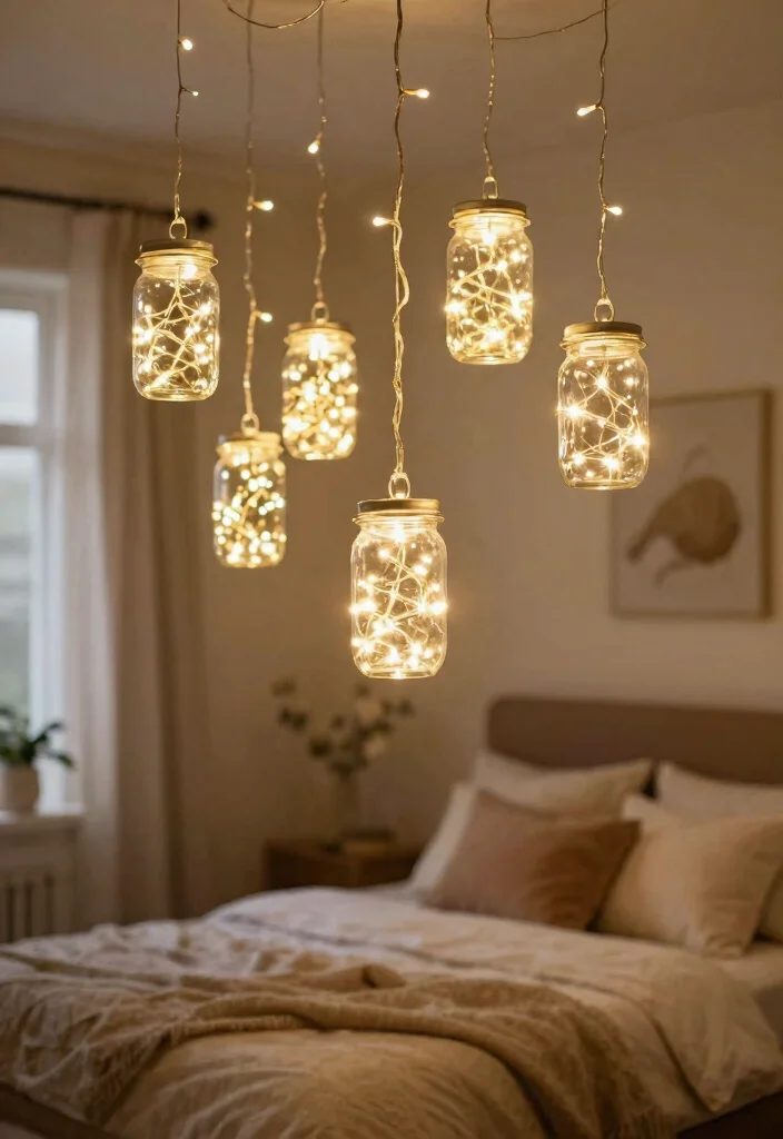 14 Bedroom Ceiling Lighting Ideas That Don't Require New Wiring - 9. Hanging Fairy Lights in Jars 1