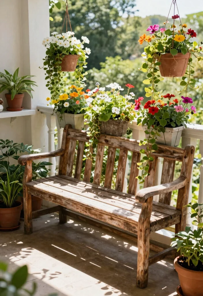 14 Bench With Planter Ideas That Drain Properly and Don't Rot - 10. Balcony Bench with Hanging Planters 1