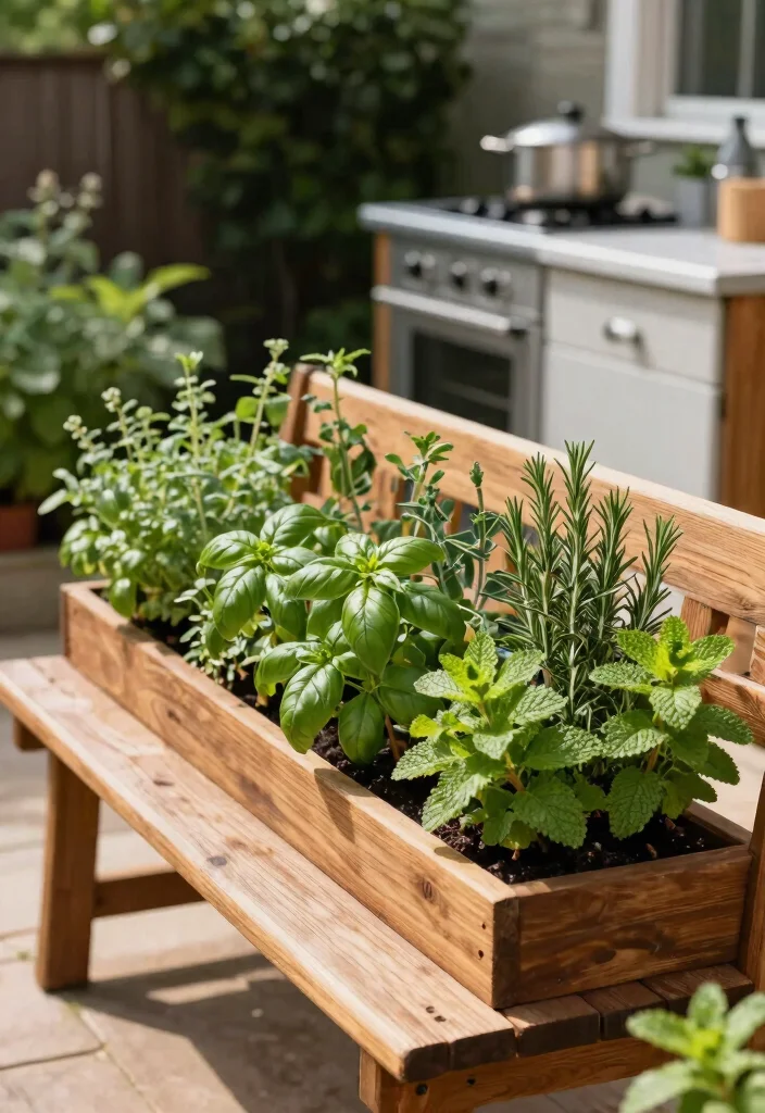 14 Bench With Planter Ideas That Drain Properly and Don't Rot - 14. Bench with Built-In Herb Garden Planters 1