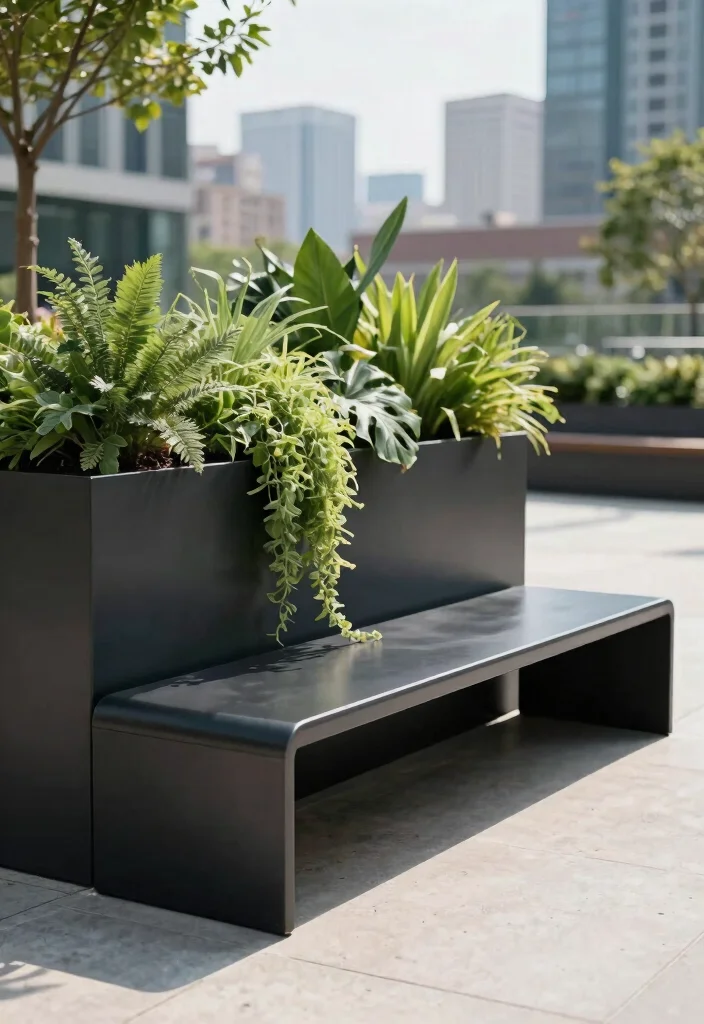 14 Bench With Planter Ideas That Drain Properly and Don't Rot - 2. Metal Bench with Elevated Planter Box 1