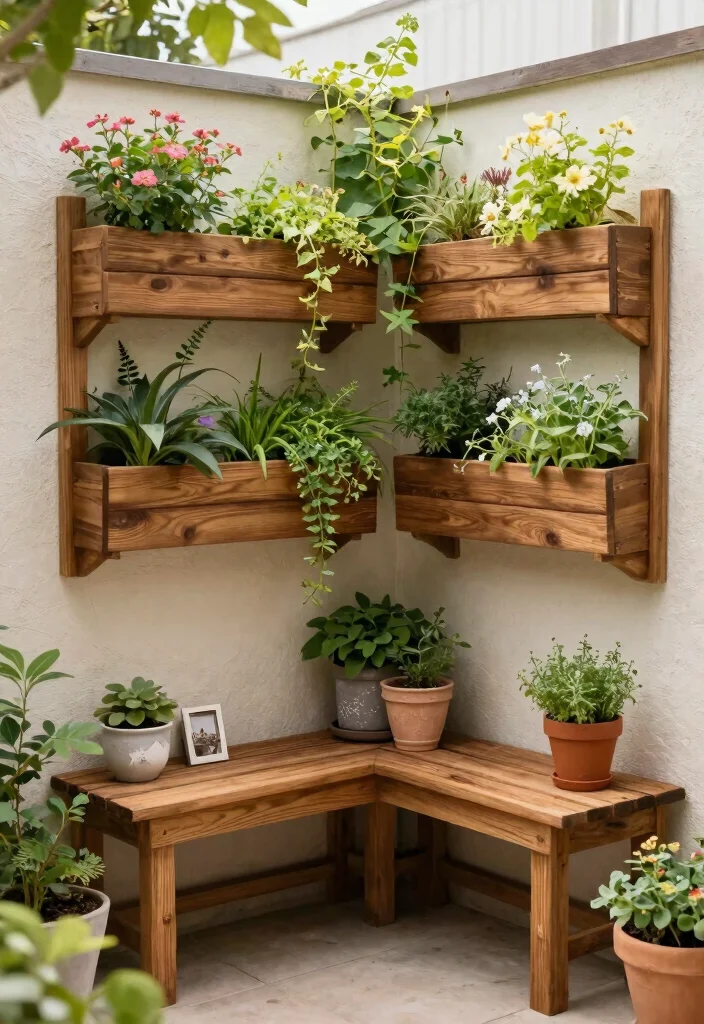 14 Bench With Planter Ideas That Drain Properly and Don't Rot - 3. Corner Bench With Vertical Planters 1