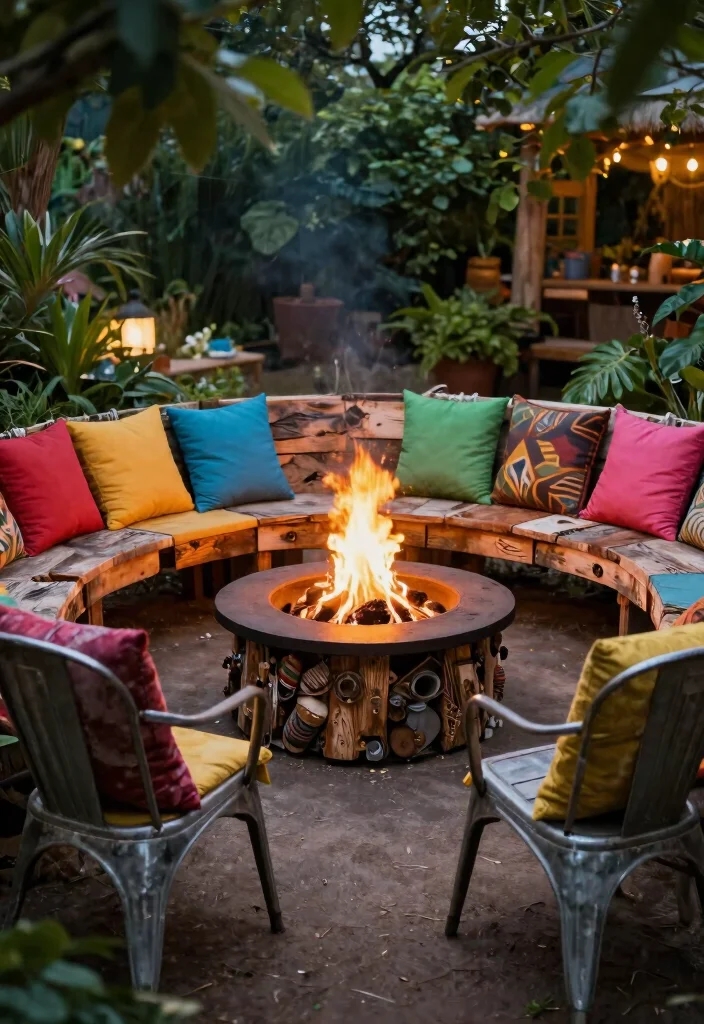 14 Firepits Backyard Landscaping Ideas That Don't Kill the Grass - 10. Firepit with Seating Made from Recycled Materials 1