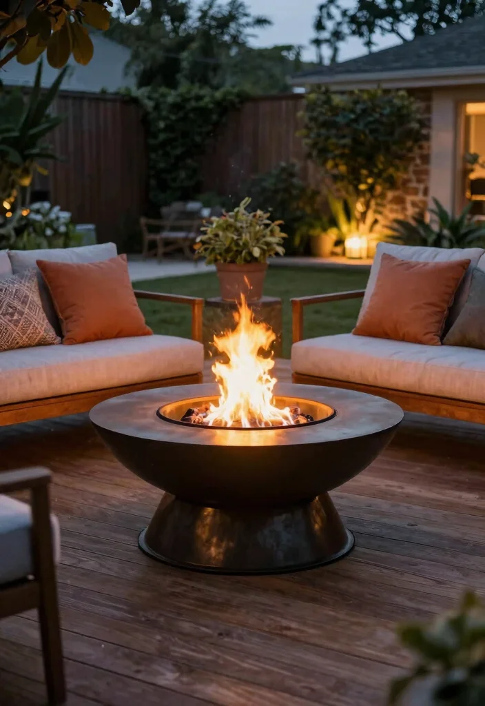 14 Firepits Backyard Landscaping Ideas That Don't Kill the Grass - 2. Elevated Firebowl on a Deck 1