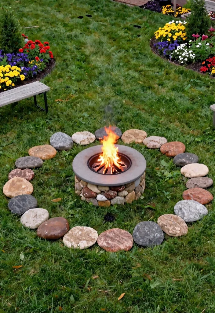 14 Firepits Backyard Landscaping Ideas That Don't Kill the Grass - 3. Firepit Surrounded by Decorative Stones 1