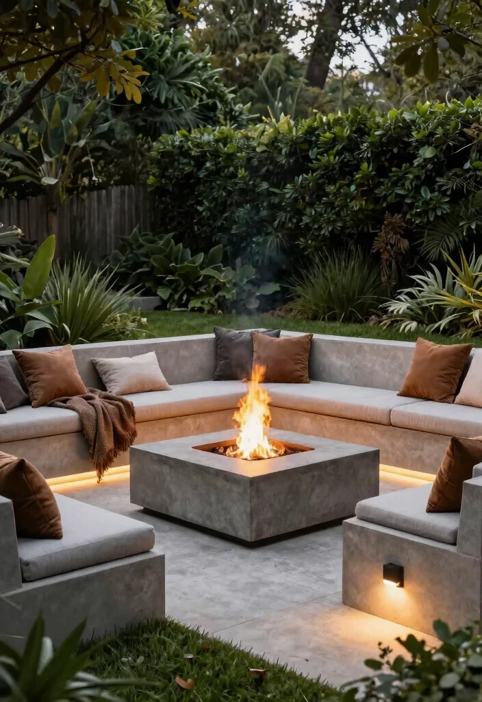 14 Firepits Backyard Landscaping Ideas That Don't Kill the Grass - 4. Modern Concrete Firepit with Integrated Seating 1