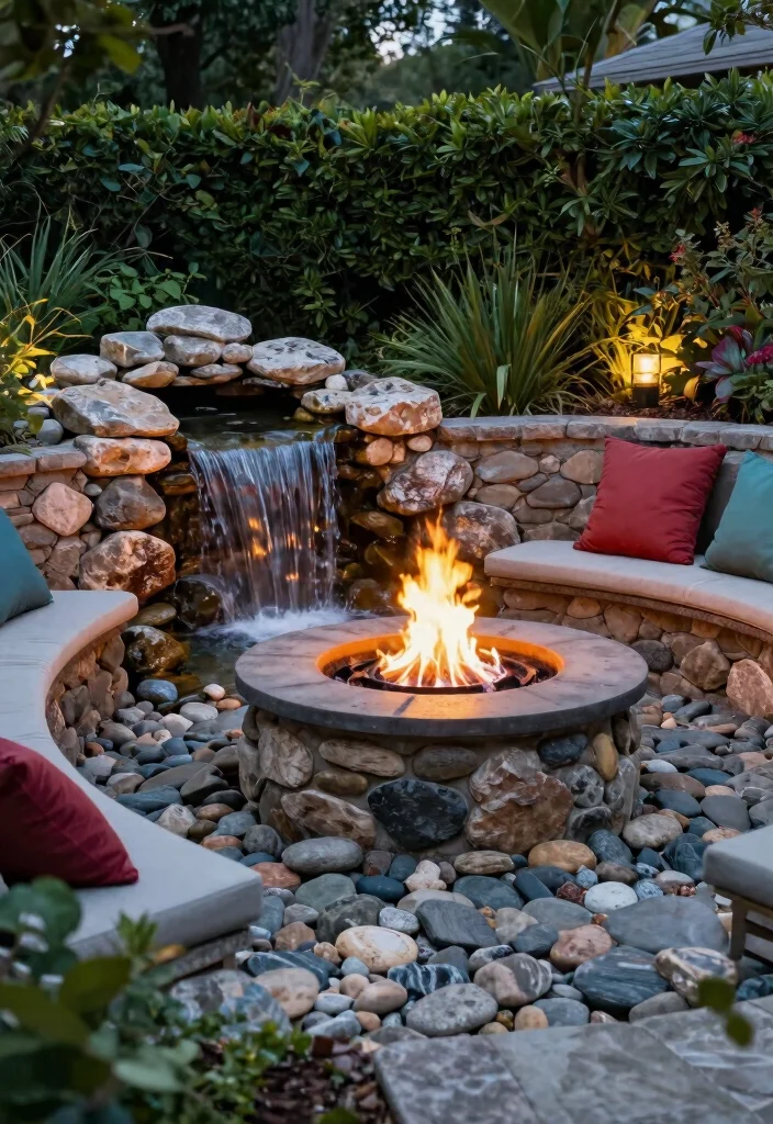 14 Firepits Backyard Landscaping Ideas That Don't Kill the Grass - 6. Firepit with a Water Feature 1