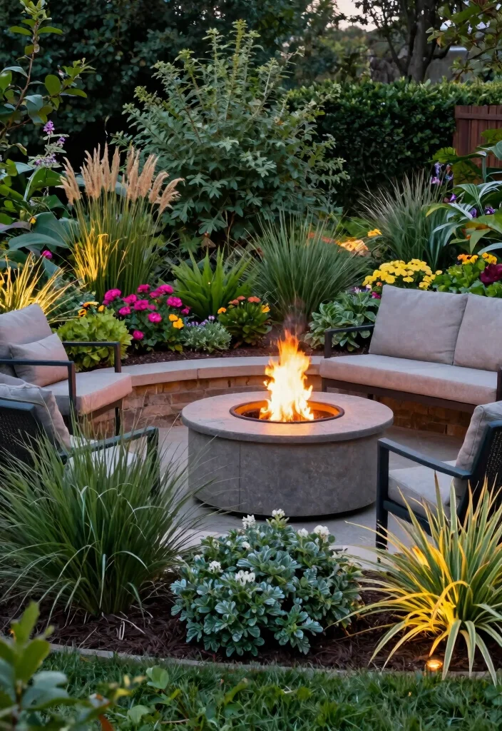 14 Firepits Backyard Landscaping Ideas That Don't Kill the Grass - 7. Firepit Surrounded by Low-Growing Plants 1