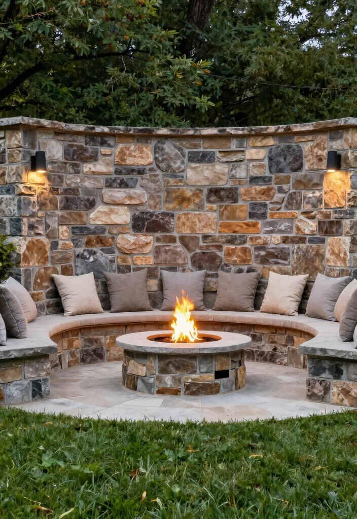 14 Firepits Backyard Landscaping Ideas That Don't Kill the Grass - 9. Firepit with a Stone Wall Surround 1