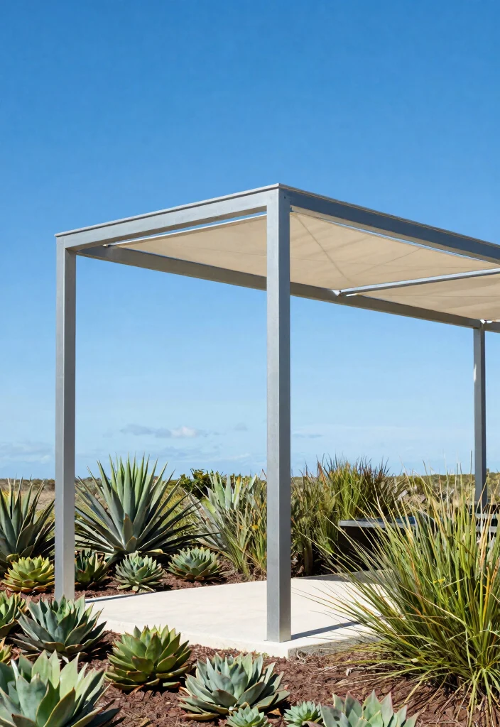 14 Free Standing Pergola Ideas That Stay Put in High Winds - 2. Modern Steel Pergola with Minimalist Design 1