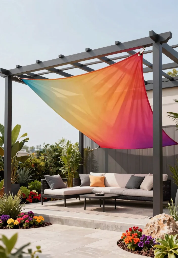 14 Free Standing Pergola Ideas That Stay Put in High Winds - 6. Pergola with Shade Sail for Trendy Aesthetics 1