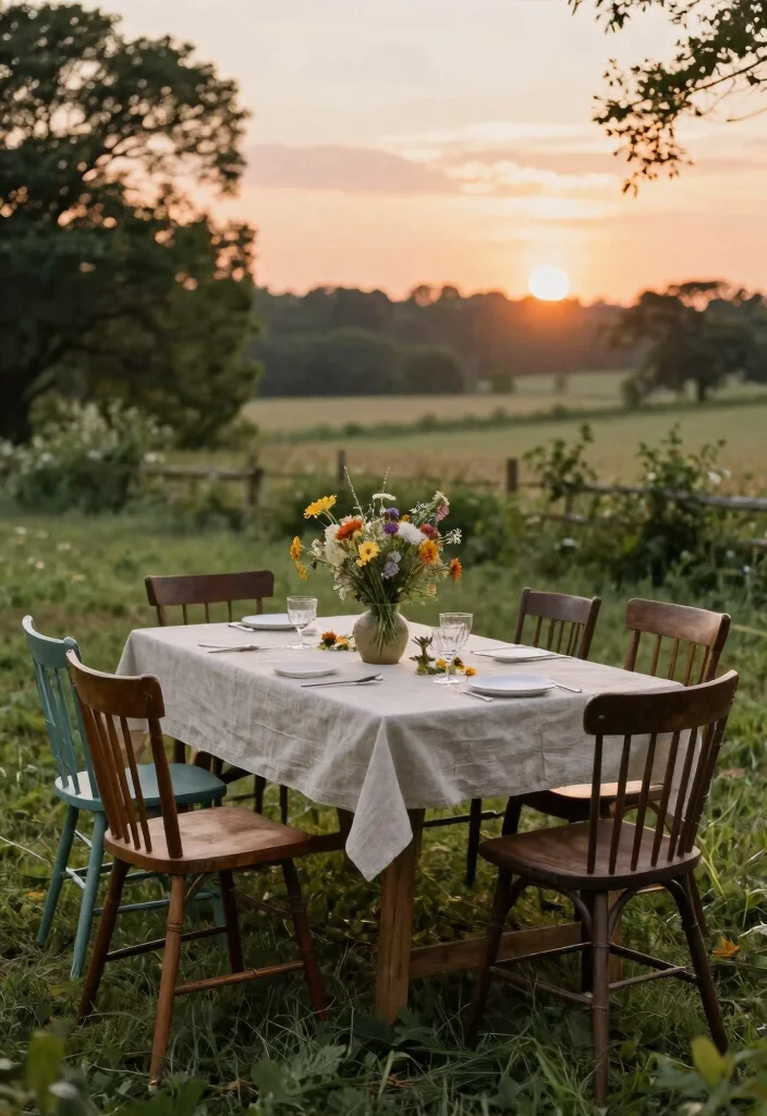 14 Outdoor Dining Table Ideas That Seat 6 Without Taking Over - 10. Rustic Farm Table with Vintage Chairs 1