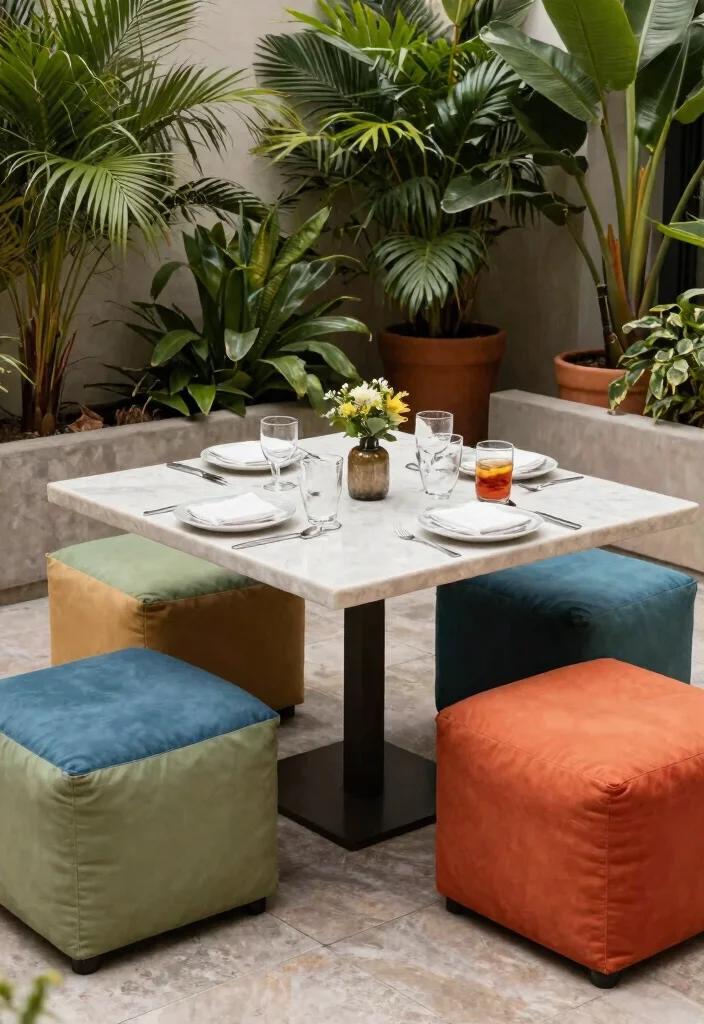 14 Outdoor Dining Table Ideas That Seat 6 Without Taking Over - 5. Square Table with Ottoman Seats 1
