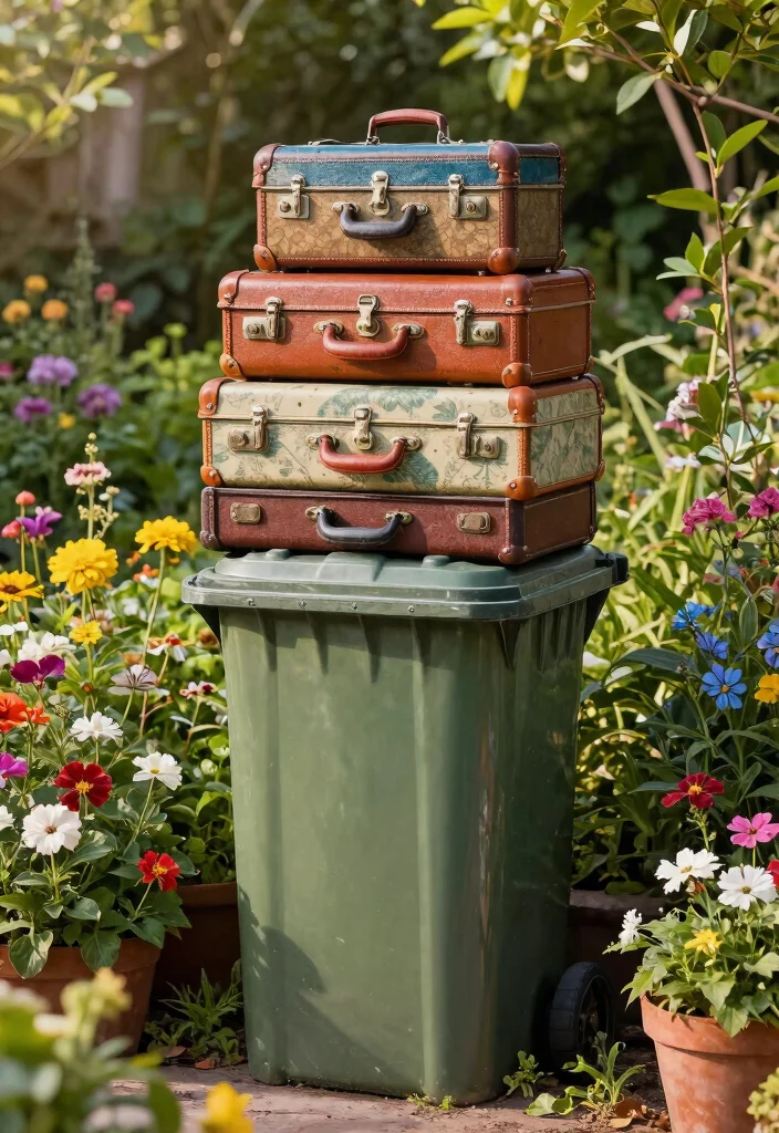 14 Outdoor Trash Can Storage Ideas That Hide Bins From View - 10. Vintage Suitcases for Trash Storage 1