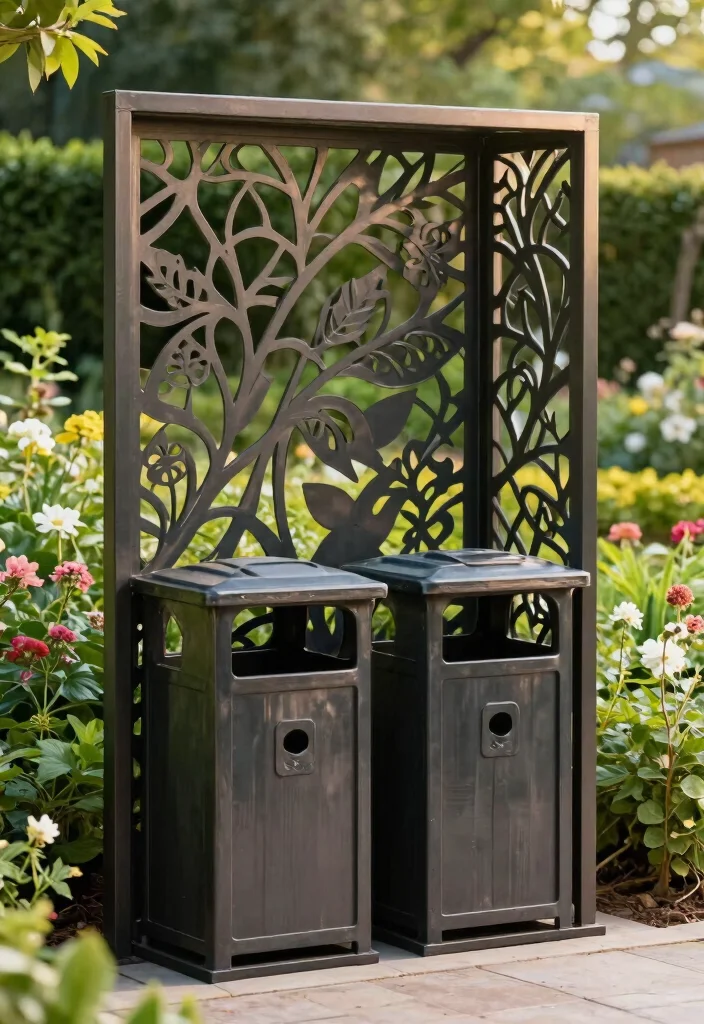 14 Outdoor Trash Can Storage Ideas That Hide Bins From View - 13. Artistic Metal Screens 1