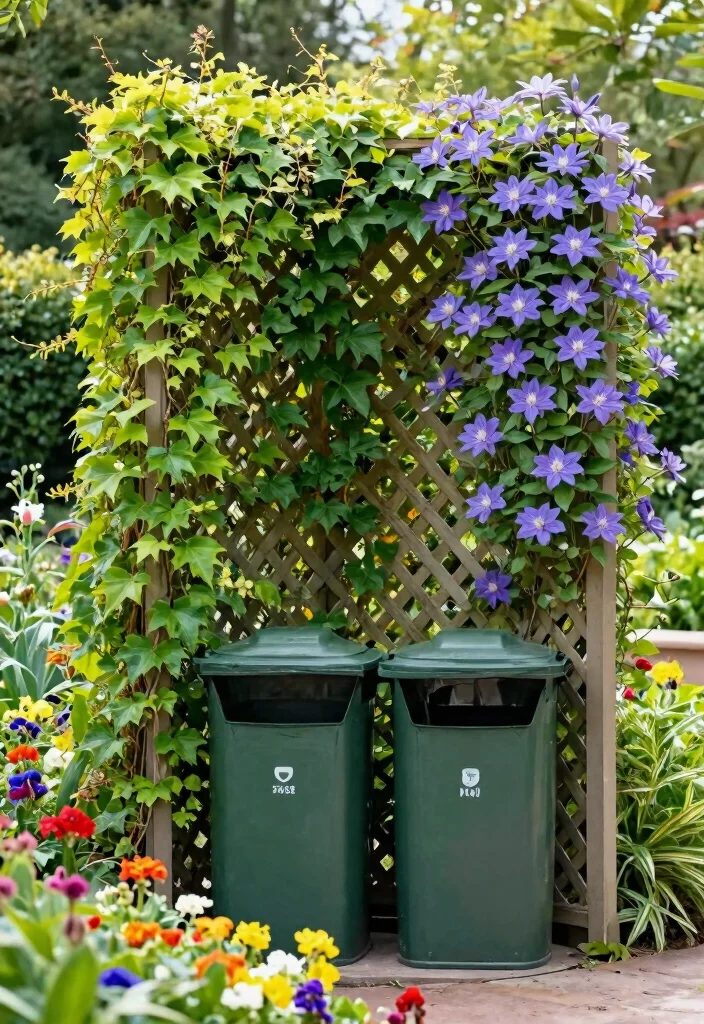14 Outdoor Trash Can Storage Ideas That Hide Bins From View - 2. Lattice Screen with Climbing Plants 1