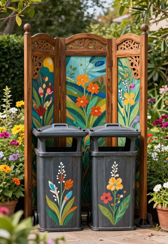 14 Outdoor Trash Can Storage Ideas That Hide Bins From View - 8. Custom Wood Screens with Artwork 1