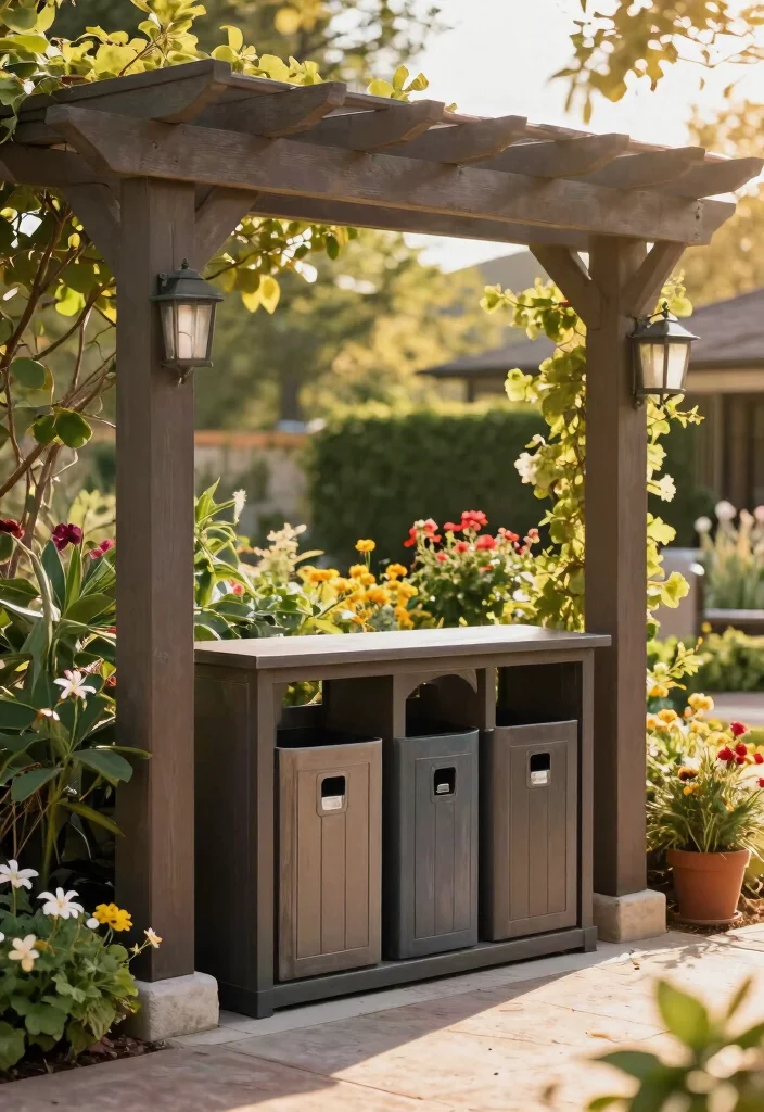 14 Outdoor Trash Can Storage Ideas That Hide Bins From View - 9. Pergola with Built-in Bin Storage 1