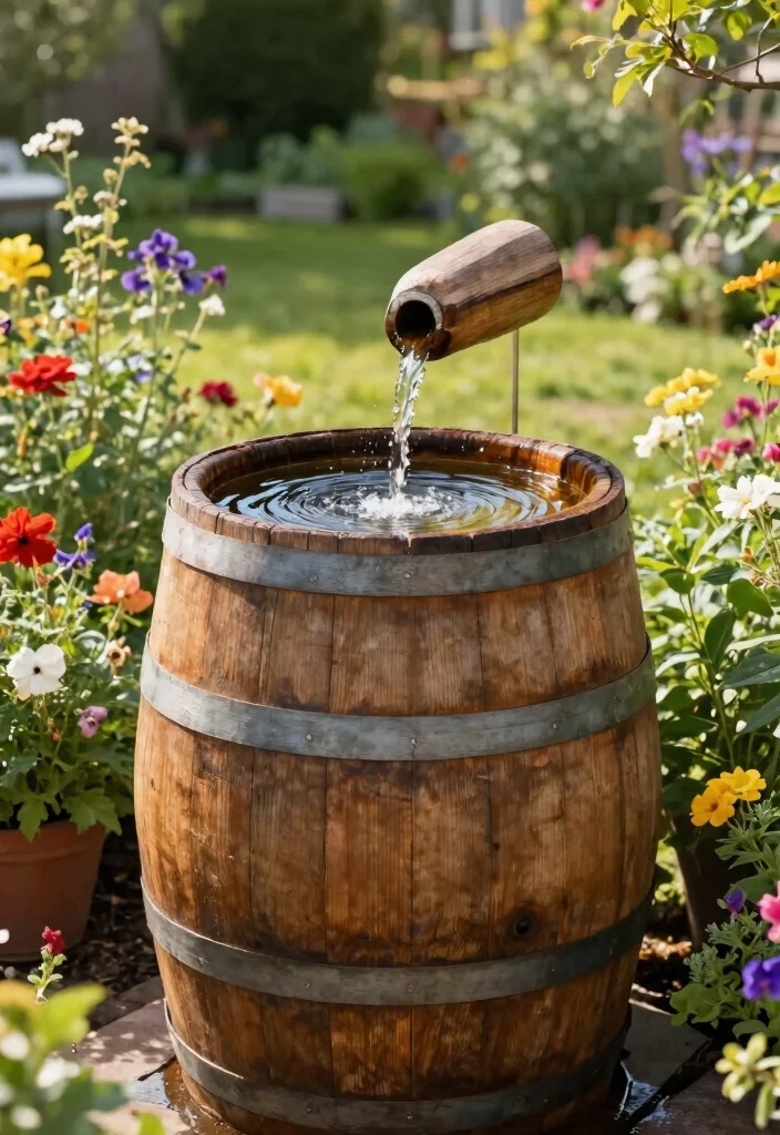 14 Outdoor Wall Fountain Ideas That Run Without a Buried Water Line - 1. Rustic Barrel Fountain 1