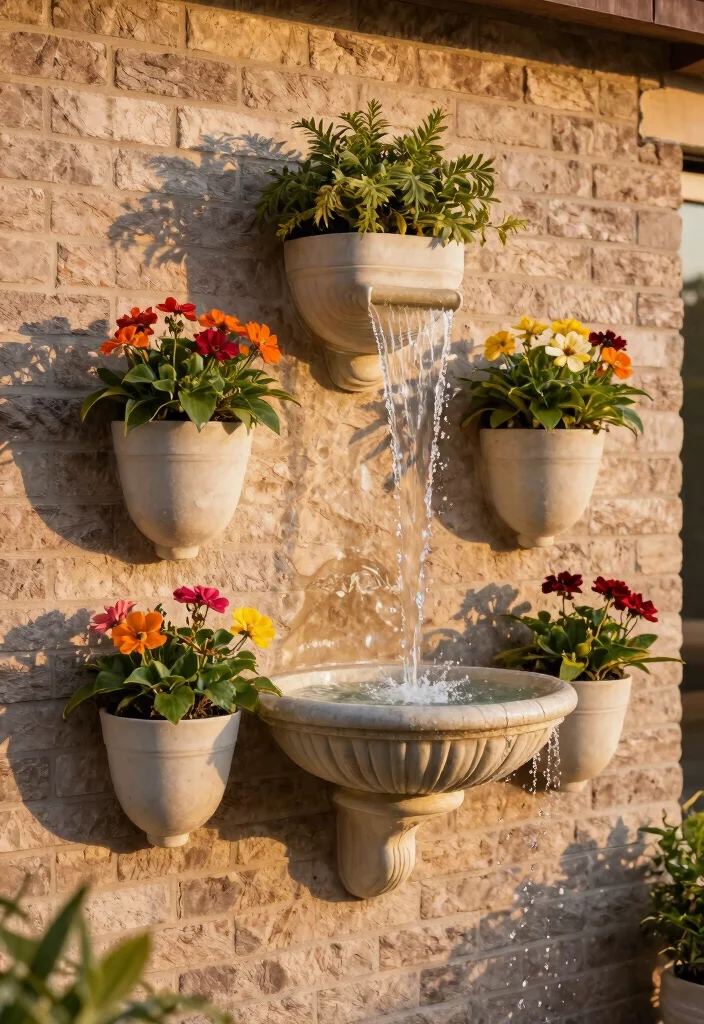 14 Outdoor Wall Fountain Ideas That Run Without a Buried Water Line - 7. Wall-Mounted Fountain with Planters 1