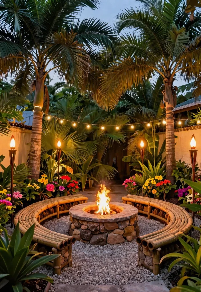 14 Sunken Fire Pit with Seating Ideas That Drain Water Fast - 10. Tropical Paradise Fire Pit Area 1
