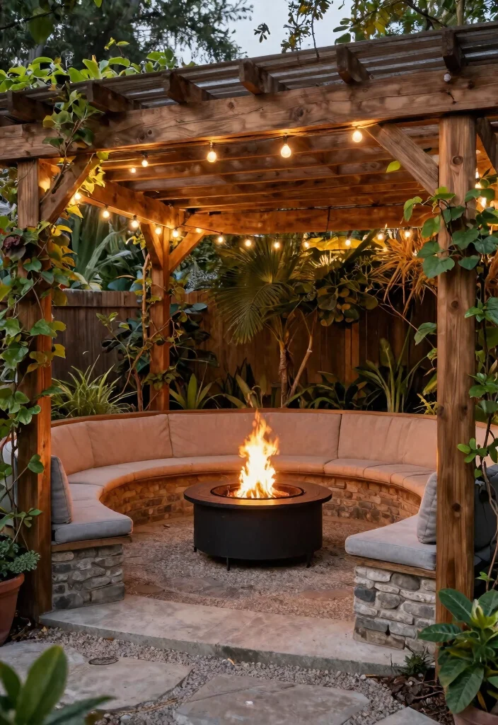 14 Sunken Fire Pit with Seating Ideas That Drain Water Fast - 13. Fire Pit with Pergola for Shade 1