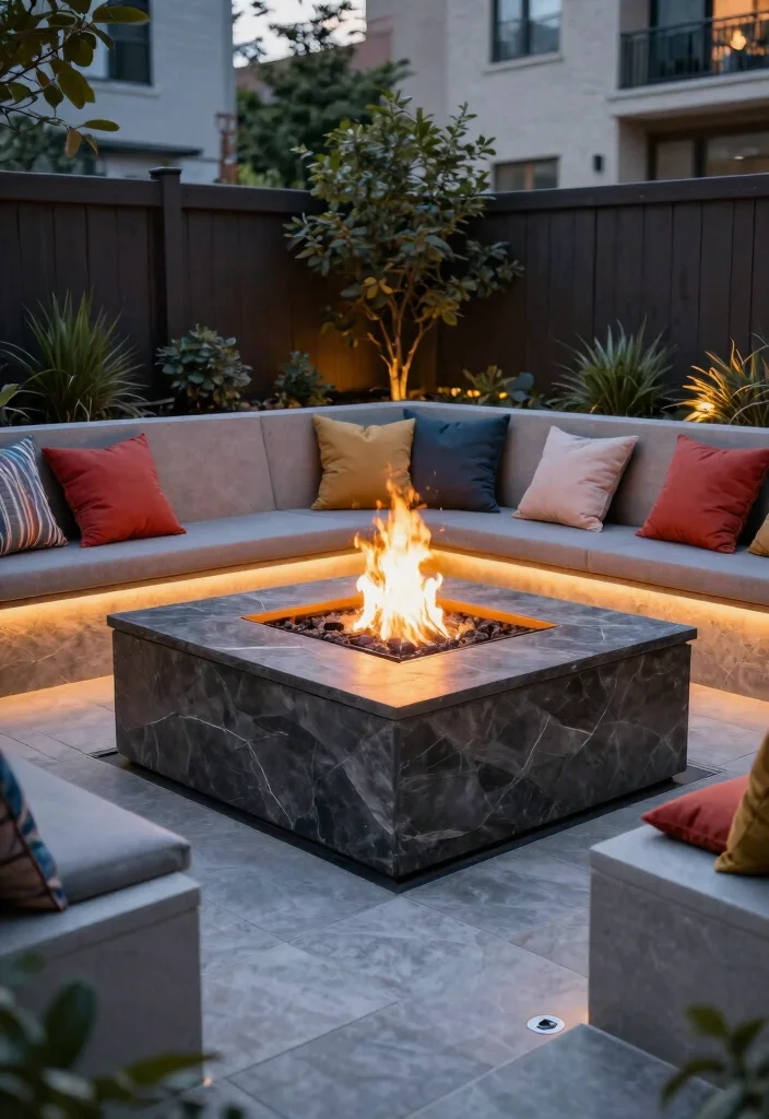 14 Sunken Fire Pit with Seating Ideas That Drain Water Fast - 3. Urban Chic Fire Pit with Built-in Seating 1