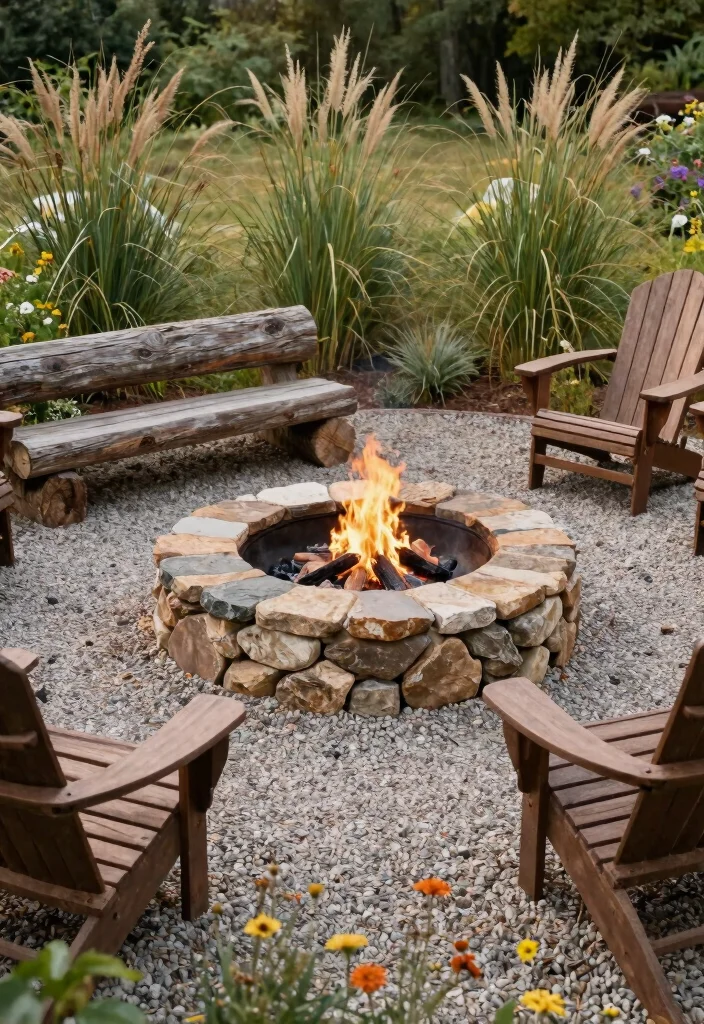14 Sunken Fire Pit with Seating Ideas That Drain Water Fast - 4. Rustic Fire Pit Surrounded by Pea Gravel 1