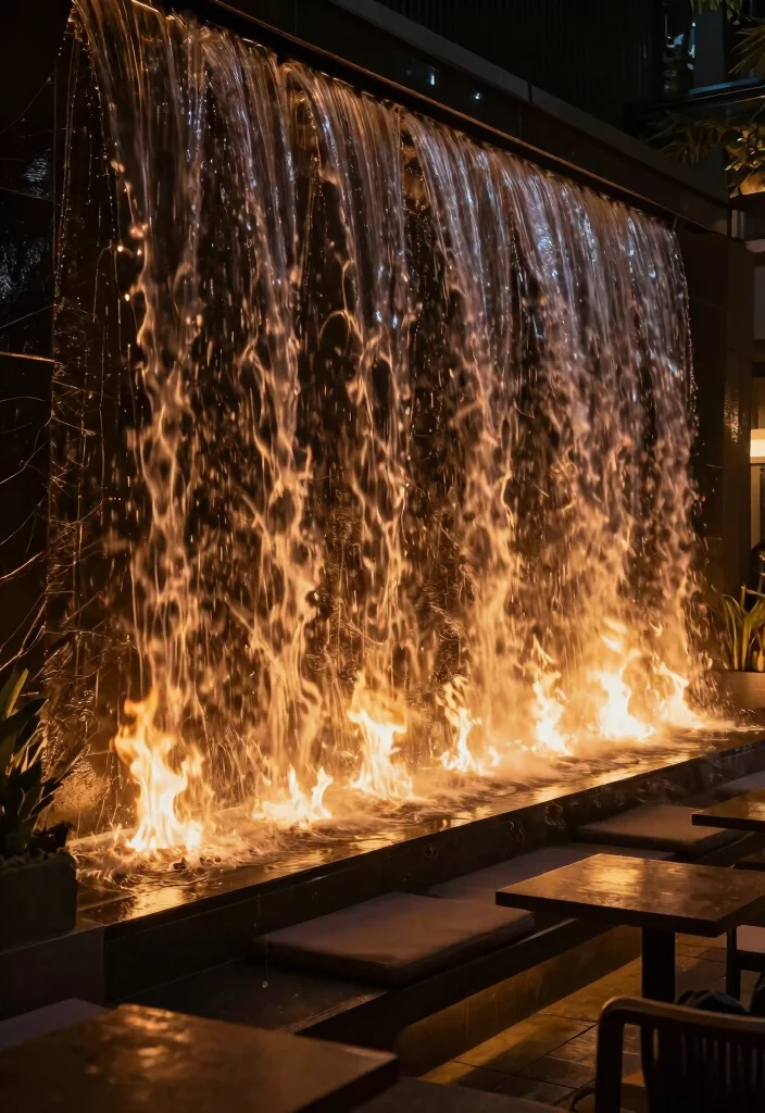 14 Wall Waterfall Outdoor Ideas That Run Without a Pond or Pool - 13. Wall Waterfall with Fire Feature 1