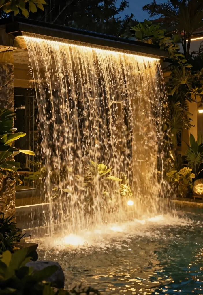 14 Wall Waterfall Outdoor Ideas That Run Without a Pond or Pool - 14. Illuminated Wall Waterfall 1