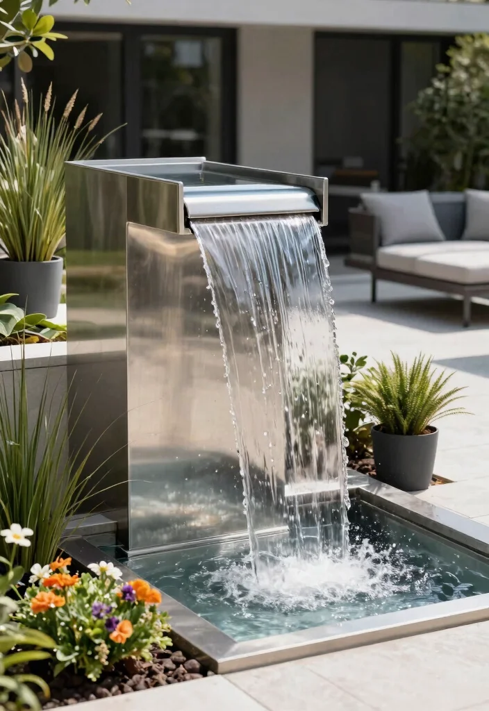 14 Wall Waterfall Outdoor Ideas That Run Without a Pond or Pool - 2. Modern Steel Waterfall 1