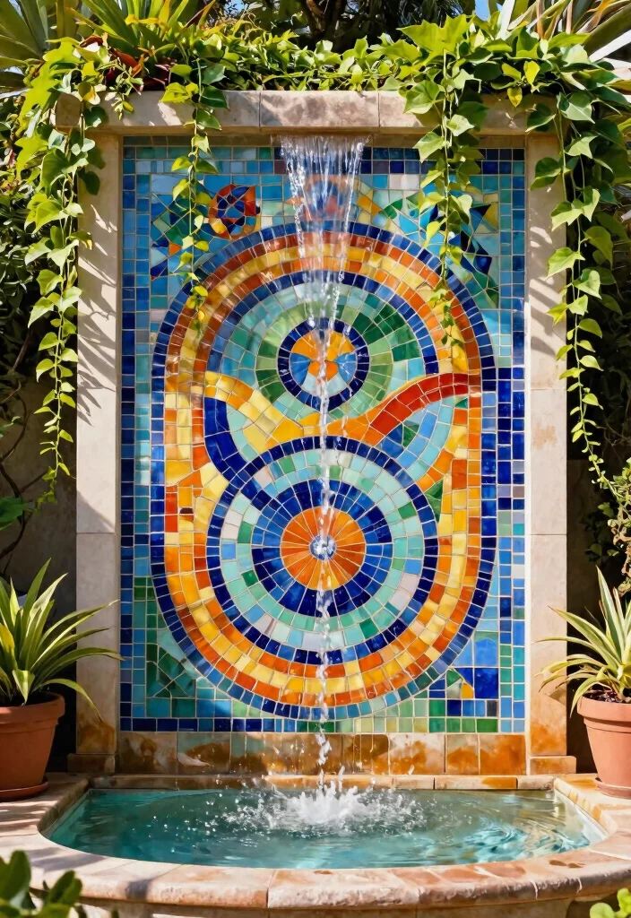 14 Wall Waterfall Outdoor Ideas That Run Without a Pond or Pool - 4. Mosaic Tile Water Wall 1
