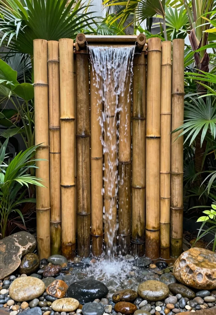 14 Wall Waterfall Outdoor Ideas That Run Without a Pond or Pool - 6. Bamboo Wall Waterfall 1