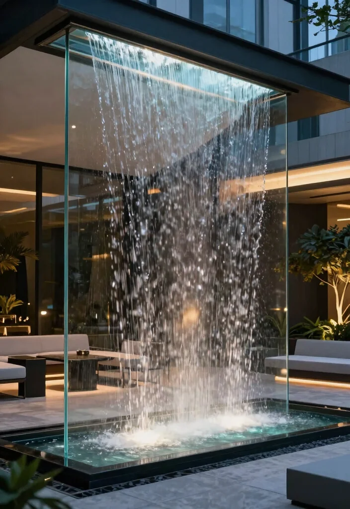 14 Wall Waterfall Outdoor Ideas That Run Without a Pond or Pool - 7. Glass Wall Water Feature 1